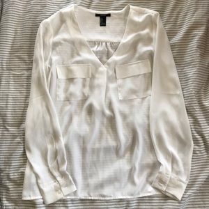 White Sheer Silky Pocket-Front Blouse